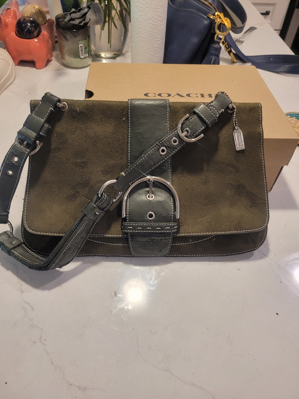 COACH Olive Green Leather & Suede Crossbody Bag
